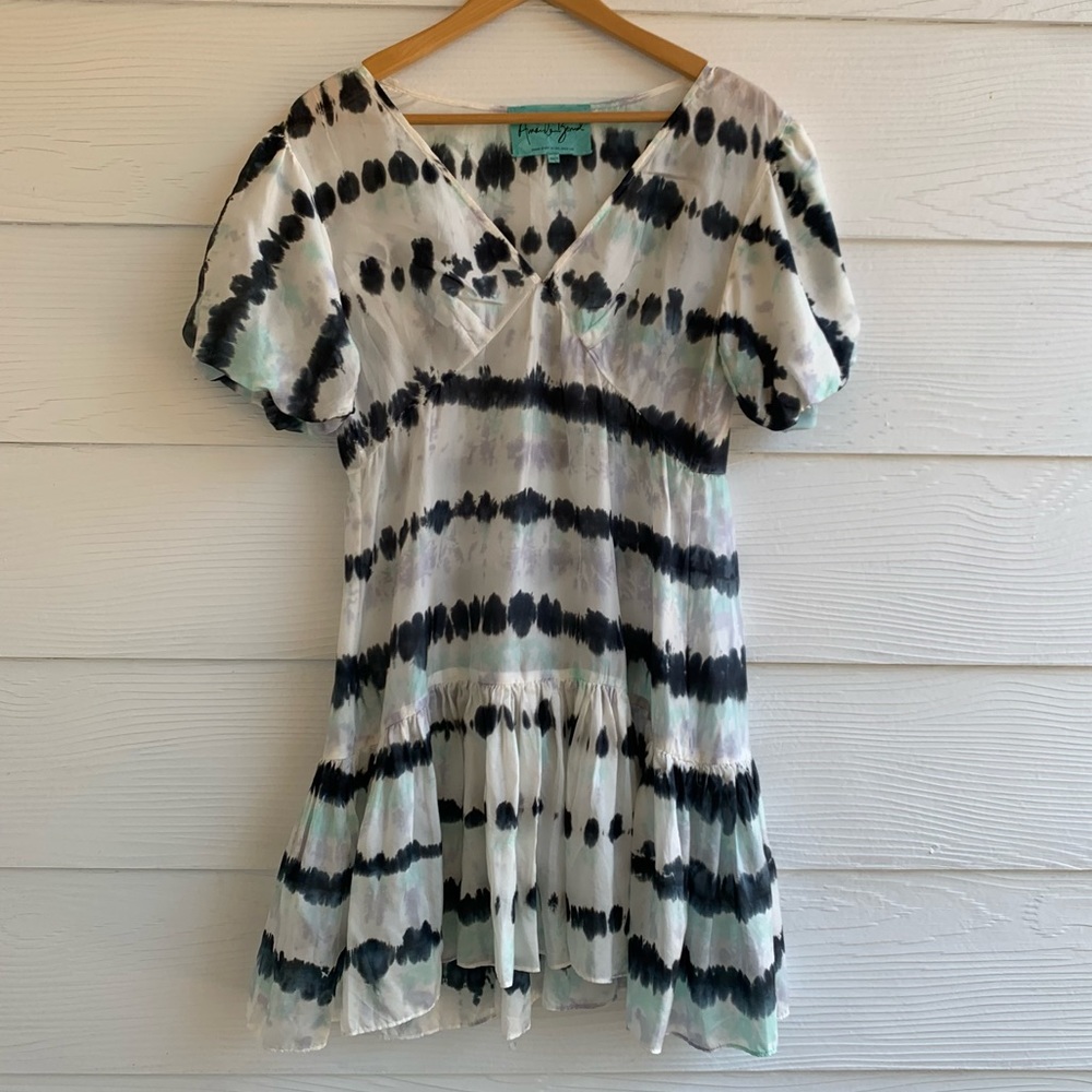 Amanda Bond Silk Alix Dress White Black Green Combo XS/S Semi-sheer V Neck